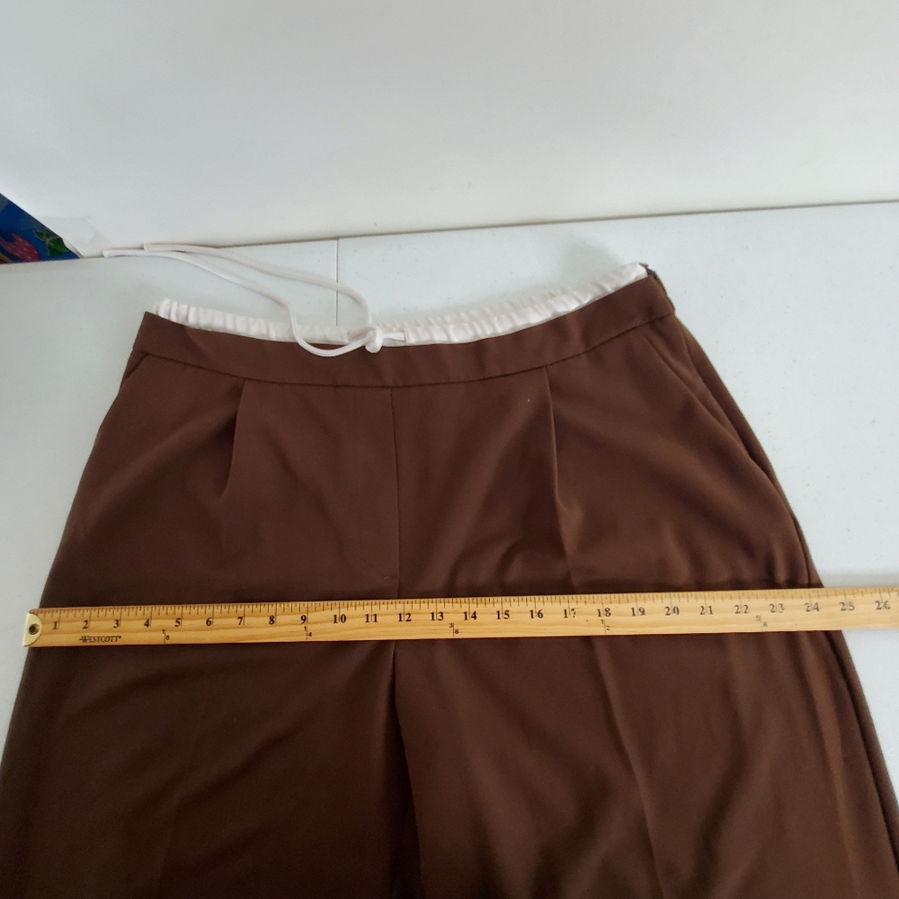 Zara Wide Leg Hi-Rise Pants Size XL Brown Satin Effect Waistband Trousers Casual - Picture 6 of 13